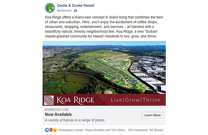 "Live, grow, thrive" Koa Ridge branding Facebook Ad