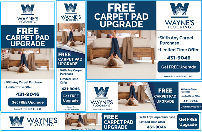 Team Vision designed the featured Free Carpet Pad Upgrade Google Ads for Wayne's Flooring Hawaii